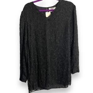 Felicity  Beaded Blouse Women's M Black Silk Formal Casual Deadstock Modest Glam